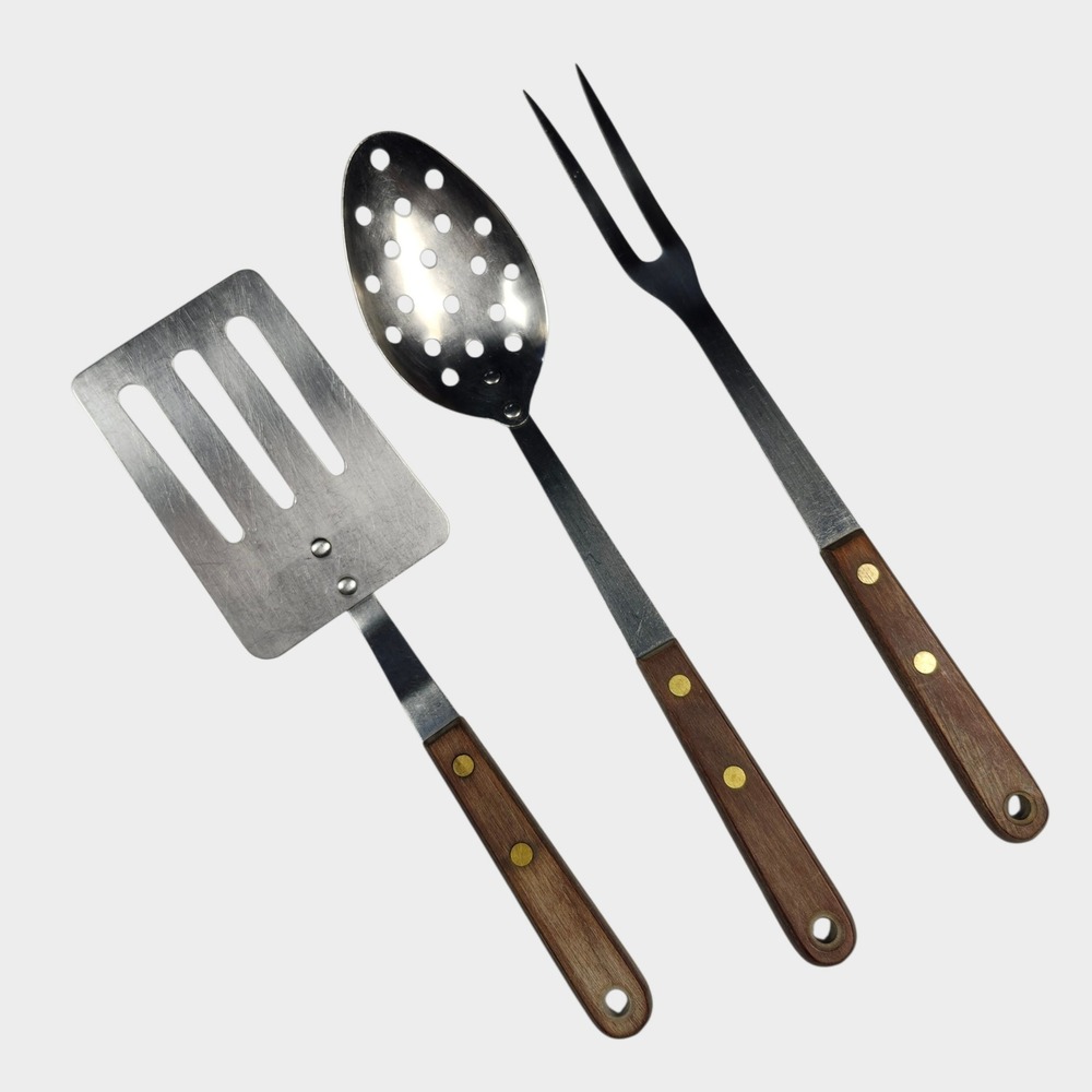 Robinson Knife Co Utensil Set Brown Wood Stainless Steel 3pc Vintage Made In USA